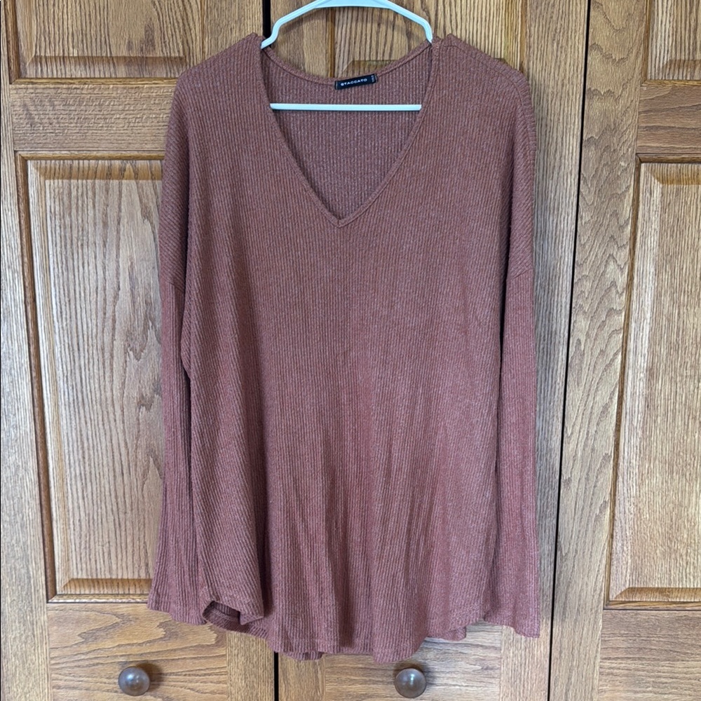 Brown V-Neck Long Sleeve Top